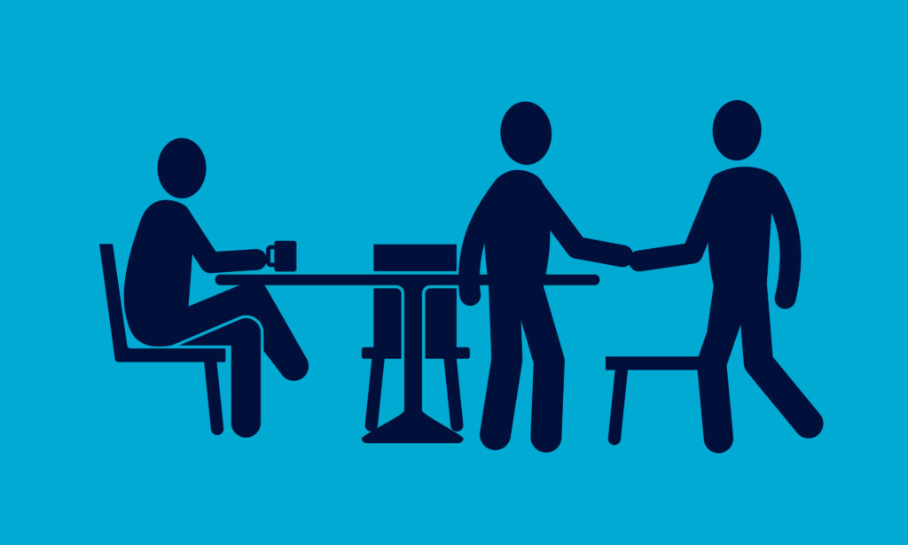 Illustration of colleagues having coffee and shaking hands around a table